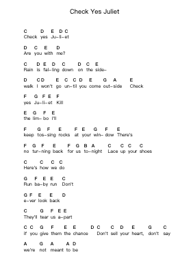 Check Yes Juliet Piano letter notes by We the Kings - Arr.Popdict Greyburns