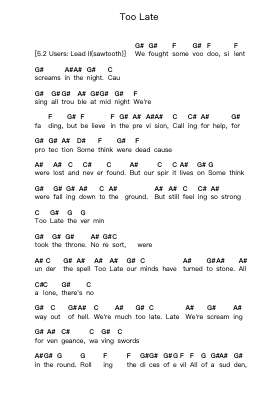 Too Late Piano letter notes by Axel Rudi Pell - Arr.Diaben Shelwilde