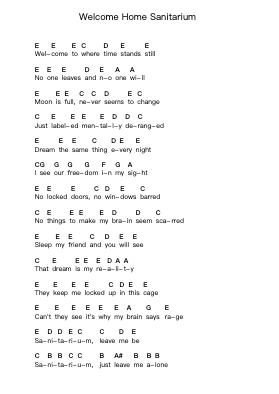 Welcome Home Sanitarium Piano letter notes by Metallica - Arr.Benga