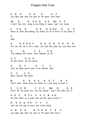 Fingers And Toes Piano letter notes by Biffy Clyro - Arr.Kelthea