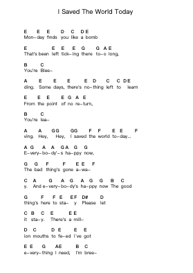 I Saved The World Today Piano letter notes by Eurythmics - Arr.Derion