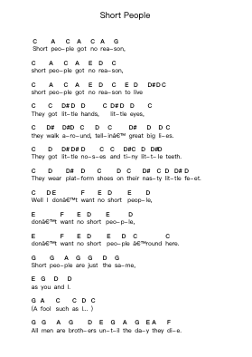 Short People Piano letter notes by Randy Newman - Arr.Guntrine