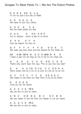 Songsw To Wear Pants To - We Are The Robot Pirates Piano letter notes by Misc Unsigned Bands - Arr.Dwightloc Larjob