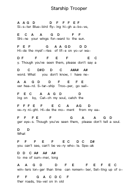 Starship Trooper Piano letter notes by Yes - Arr.Songes