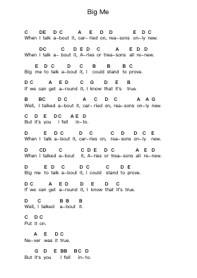 Big Me Piano letter notes by Foo Fighters - Arr.Pulip