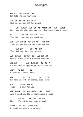 Apologize Piano letter notes by Silverstein - Arr.Rusden