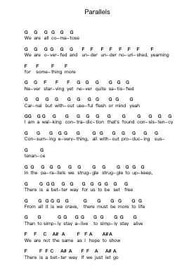 Parallels Piano letter notes by As I Lay Dying - Arr.Jillcooke Murday