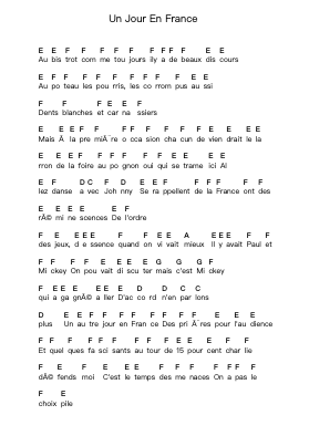 Un Jour En France Piano letter notes by Noir Désir - Arr.Blairharte Titess