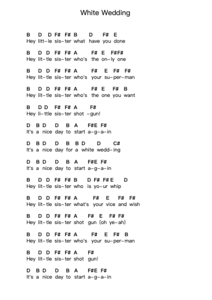 White Wedding Piano letter notes by Billy Idol - Arr.Carlchols