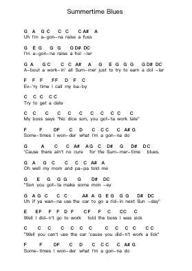 Summertime Blues 鋼琴字母譜由 Eddie Cochran - 編曲 Huthorne