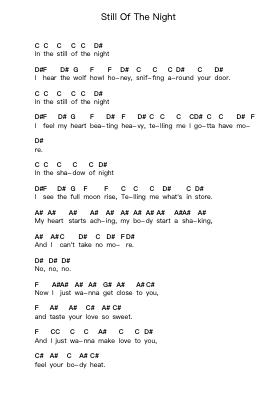 Still Of The Night Piano letter notes by Whitesnake - Arr.Megreau Readeries