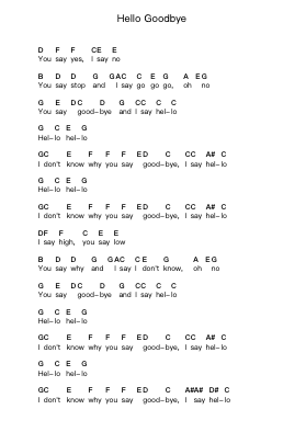 Hello Goodbye Piano letter notes by The Beatles - Arr.Hodhill