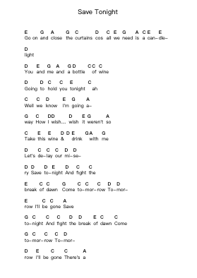 Save Tonight Piano letter notes by Eagle-Eye Cherry - Arr.Rusden