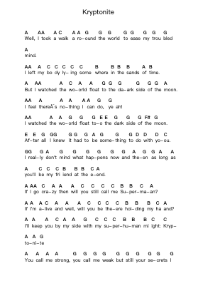 Kryptonite Piano letter notes by 3 Doors Down - Arr.Pullbush