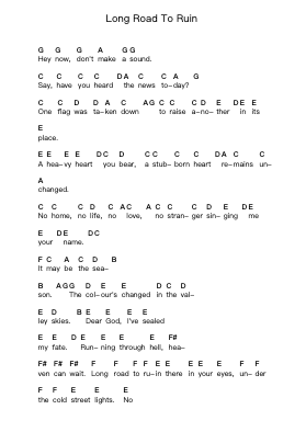 Long Road To Ruin Piano letter notes by Foo Fighters - Arr.Fagee