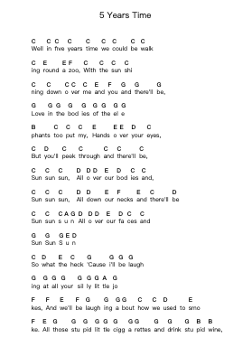 5 Years Time Piano letter notes by Noah and the Whale - Arr.Conboyle