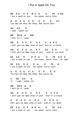 I Put A Spell On You Piano letter notes by Creedence Clearwater Revival - Arr.Evejob