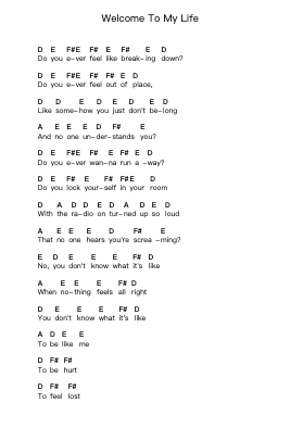 Welcome To My Life Notas de piano en letras por Simple Plan - Arr.Copraine