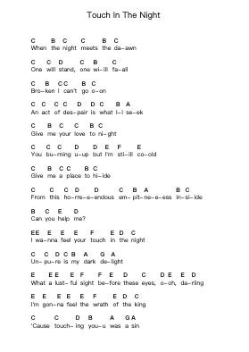 Touch In The Night Piano letter notes by Battle Beast - Arr.Aslan Wordford