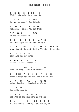 The Road To Hell Piano letter notes by Chris Rea - Arr.Rooven