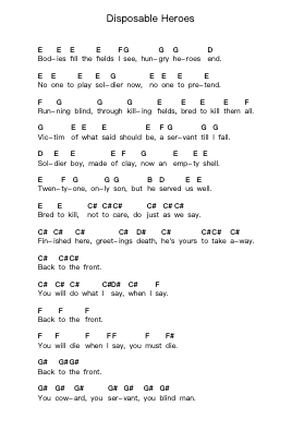 Disposable Heroes Notas de piano en letras por Metallica - Arr.Norgiles