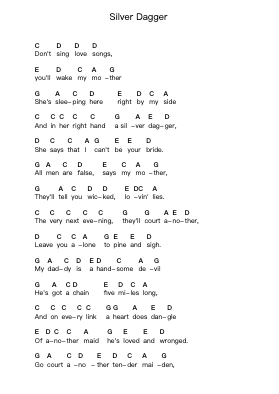 Silver Dagger Piano letter notes by Joan Baez - Arr.Flowerthan