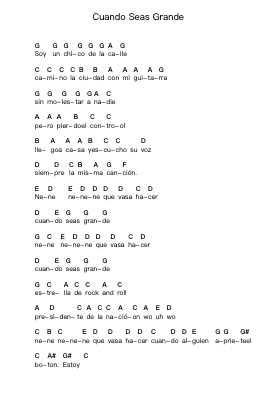 Cuando Seas Grande Piano letter notes by Miguel Mateos - Arr.O'Cady Bobde