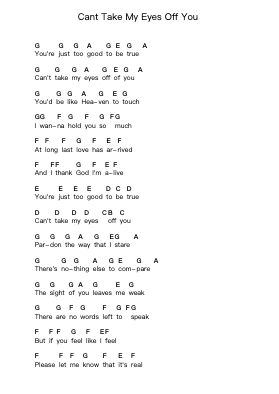 Cant Take My Eyes Off You Piano letter notes by Frankie Valli - Arr.Jillcooke Murday