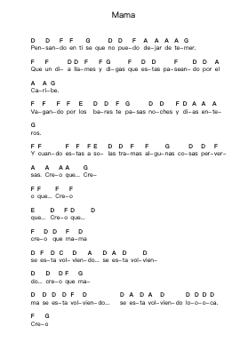 Mama Piano letter notes by Los Amantes de Lola - Arr.Sadave