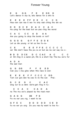 Forever Young Piano letter notes by Youth Group - Arr.Ogreen Belker
