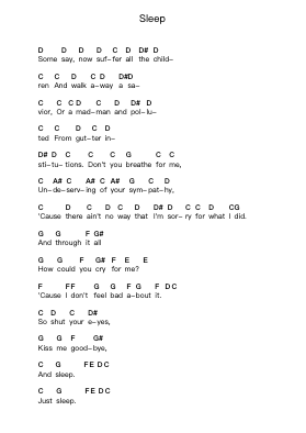 Sleep Piano letter notes by My Chemical Romance - Arr.Diabaird