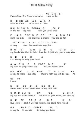 1000 Miles Away Piano letter notes by Don Dokken - Arr.Deirmand