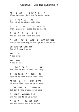 Aquarius - Let The Sunshine In Piano letter notes by The 5th Dimension - Arr.Churmike