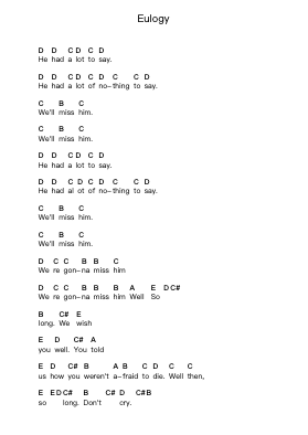 Eulogy Piano letter notes by Tool - Arr.Upcroft Mayniei