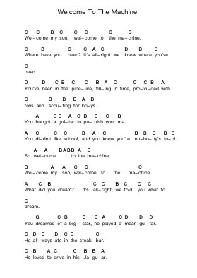 Welcome To The Machine Piano letter notes by Pink Floyd - Arr.Guygray