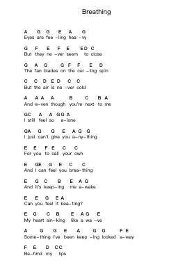 Breathing Piano letter notes by Yellowcard - Arr.Hughgee