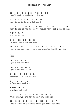 Holidays In The Sun Piano letter notes by Sex Pistols - Arr.Springlome Xebloor