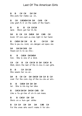 Last Of The American Girls Piano letter notes by Green Day - Arr.Osworth Gosca