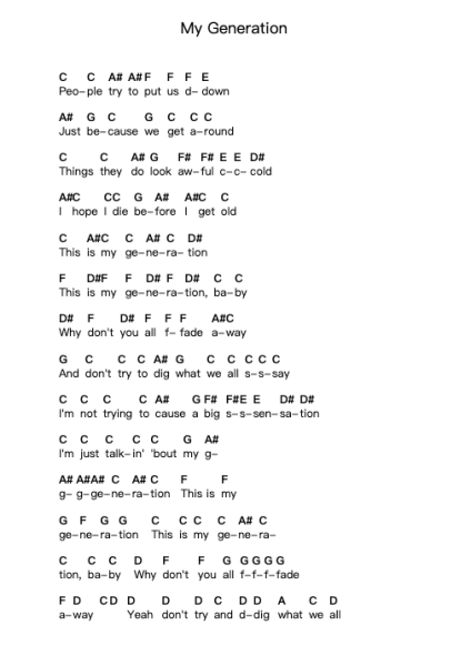My Generation 鋼琴字母譜由 The Who - 編曲 Sweetxe Goldthune