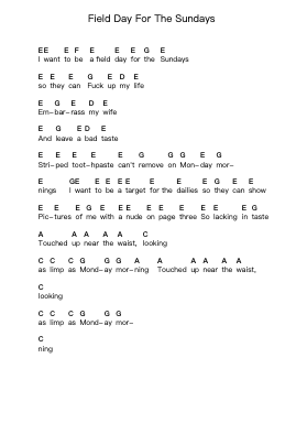 Field Day For The Sundays Catatan huruf piano oleh Wire - Arr.Morsechi Billra