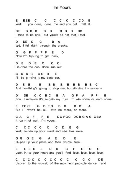 Im Yours Piano letter notes by Jason Mraz - Arr.Frannence Harstowe