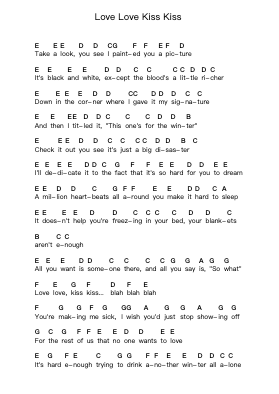 Love Love Kiss Kiss Piano letter notes by Alkaline Trio - Arr.Priestwylde Backcah