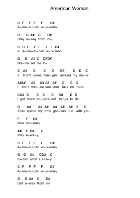 American Woman Piano letter notes by Lenny Kravitz - Arr.Flowerthan