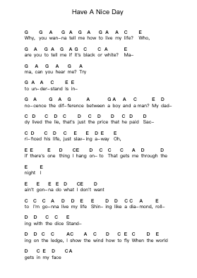 Have A Nice Day Piano letter notes by Bon Jovi - Arr.Stoweberg