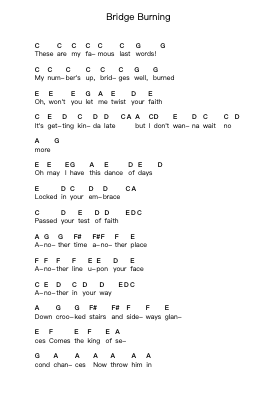 Bridge Burning Piano letter notes by Foo Fighters - Arr.Wheenan