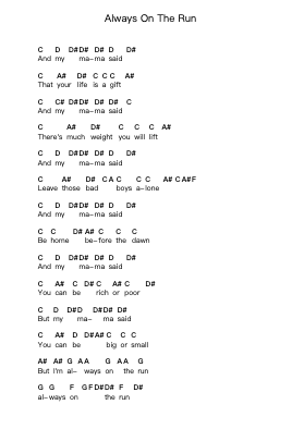 Always On The Run ピアノの音符 by Lenny Kravitz - Arr.Keatsyoung