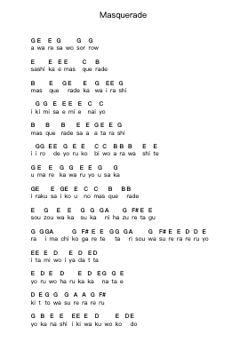 Masquerade Piano letter notes by Sads - Arr.Duntrick