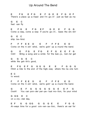 Up Around The Bend Piano letter notes by Creedence Clearwater Revival - Arr.Huttbins