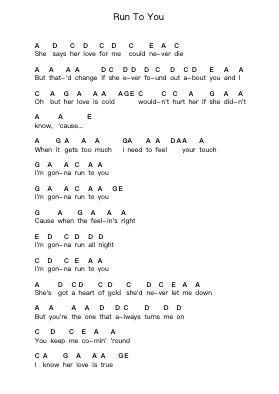 Run To You Piano letter notes by Bryan Adams - Arr.Browningking