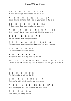 Here Without You Piano letter notes by 3 Doors Down - Arr.Scripla Brookfe